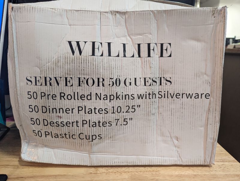 Photo 6 of WELLIFE 350Pcs Plastic Plates with Disposable Silverware and Cups, Include: 50 Dinner Plates 10.25”, 50 Dessert Plates 7.5”, 50 Silver Rim Cups 9 OZ, 50 Pre Rolled Napkins Packed in
