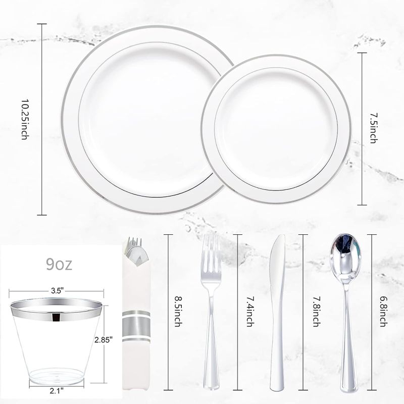 Photo 4 of WELLIFE 350Pcs Plastic Plates with Disposable Silverware and Cups, Include: 50 Dinner Plates 10.25”, 50 Dessert Plates 7.5”, 50 Silver Rim Cups 9 OZ, 50 Pre Rolled Napkins Packed in
