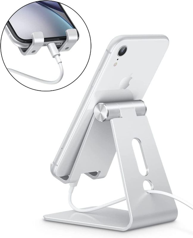 Photo 2 of Adjustable Cell Phone Stand, itek Aluminum Desktop Cellphone Stand with Anti-Slip Base and Convenient Charging Port, Fits All Smart Phones, Silver
