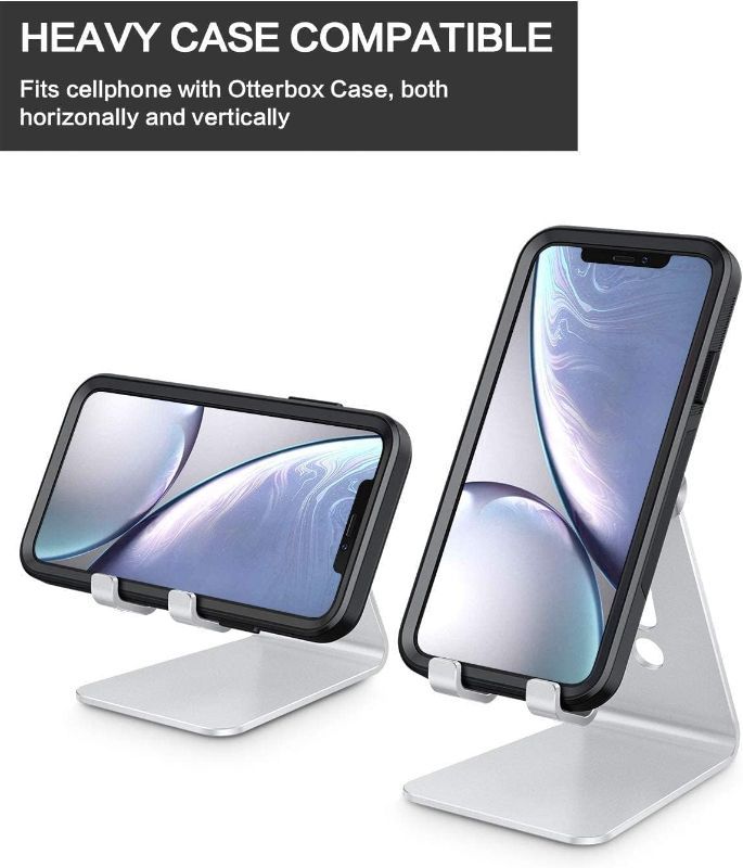 Photo 3 of Adjustable Cell Phone Stand, itek Aluminum Desktop Cellphone Stand with Anti-Slip Base and Convenient Charging Port, Fits All Smart Phones, Silver
