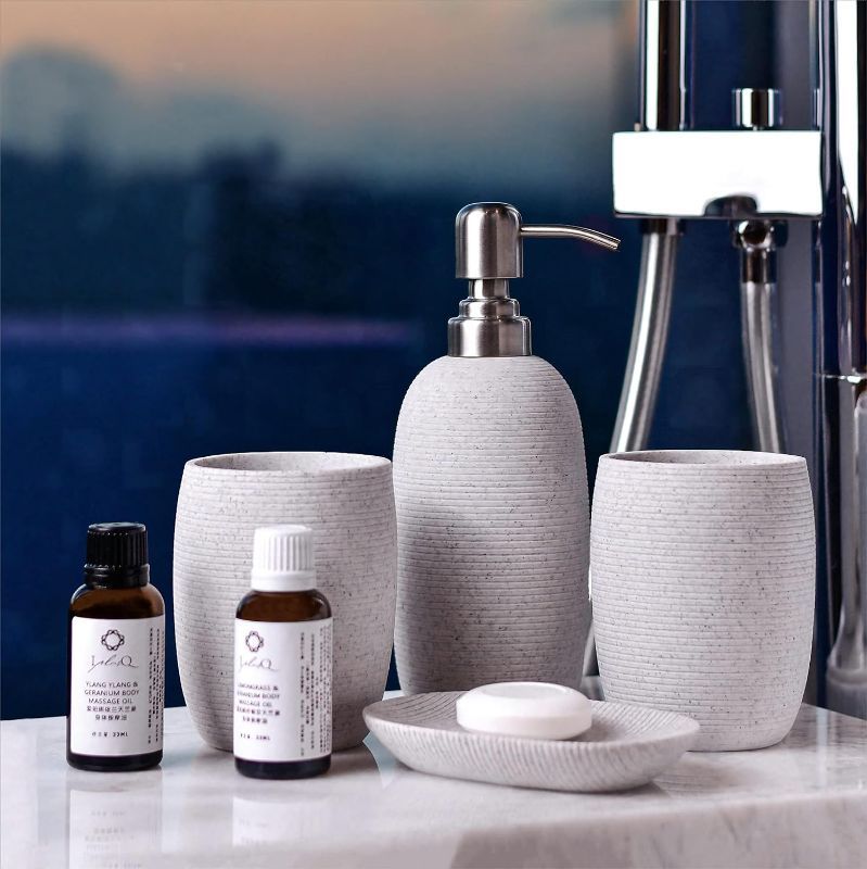 Photo 1 of Lilyang Premium Bathroom Accessories Set with Elegant Texture, 4-Piece Bathroom Essential Set with 2 Toothbrush Holders, Soap Dish, Soap Dispenser, Versatile Artistic Bathroom Decor (White)
