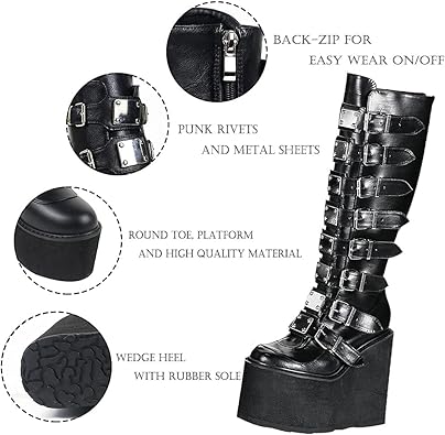 Photo 4 of CELNEPHO Womens Chunky Platform Knee High Boots High Heel Round-Toe Zip Punk Goth Mid Calf Combat Boots For Women… 8 Black