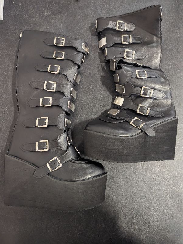 Photo 5 of CELNEPHO Womens Chunky Platform Knee High Boots High Heel Round-Toe Zip Punk Goth Mid Calf Combat Boots For Women… 8 Black
