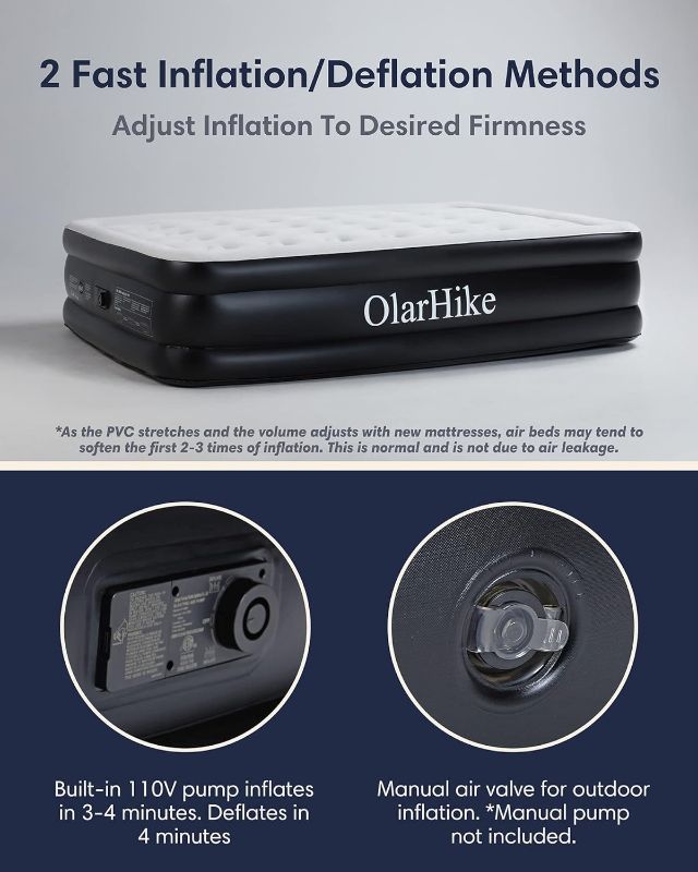 Photo 3 of OlarHike Inflatable Queen Air Mattress with Built in Pump,18" Elevated Durable Mattresses for Camping,Home&Guests,Fast&Easy Inflation/Deflation Airbed,Black Double Blow up Bed,Travel Cushion,Indoor
