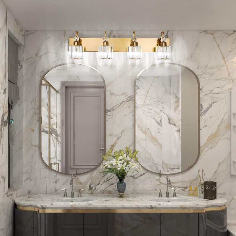Photo 2 of Ralbay Brass Gold Vanity Lights for Bathroom 4-Lights Brass Gold Crystal Bathroom Vanity Lights Over Mirror Modern Crystal Bathroom Wall Lighting Fixtures Round-brass 4-light