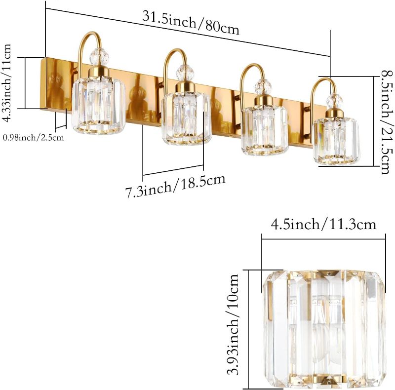Photo 3 of Ralbay Brass Gold Vanity Lights for Bathroom 4-Lights Brass Gold Crystal Bathroom Vanity Lights Over Mirror Modern Crystal Bathroom Wall Lighting Fixtures Round-brass 4-light