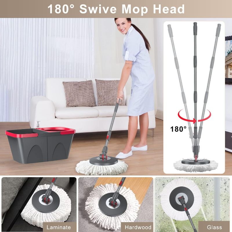 Photo 3 of Spin Mop and Bucket with Wringer Set for Floor Cleaning - VOUBIEN Floor Mop and Bucket System with 4 pcs Microfiber Washable Mop Head, Wet and Dry Use Mop for Wall Hardwood Laminate Tile