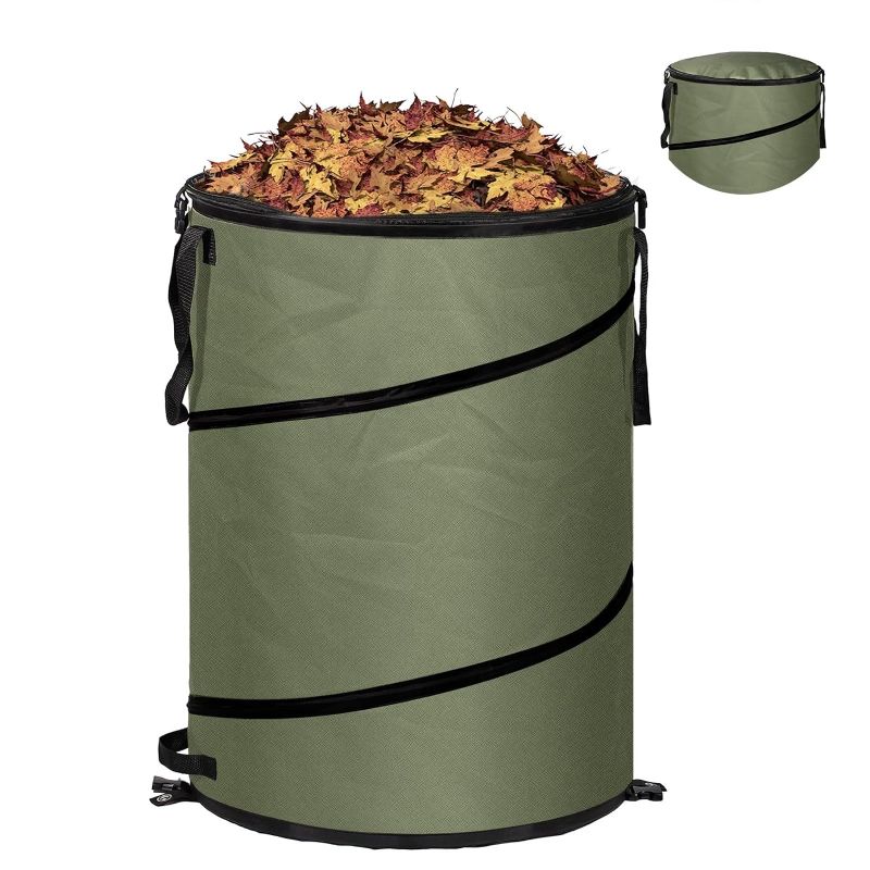 Photo 1 of 30 Gallon Collapsible Pop-Up Trash Can for Camping, RV - Waste Yard Bag for Gardening Lawn/Leaf - 30 Gallon Each Bag, Green

