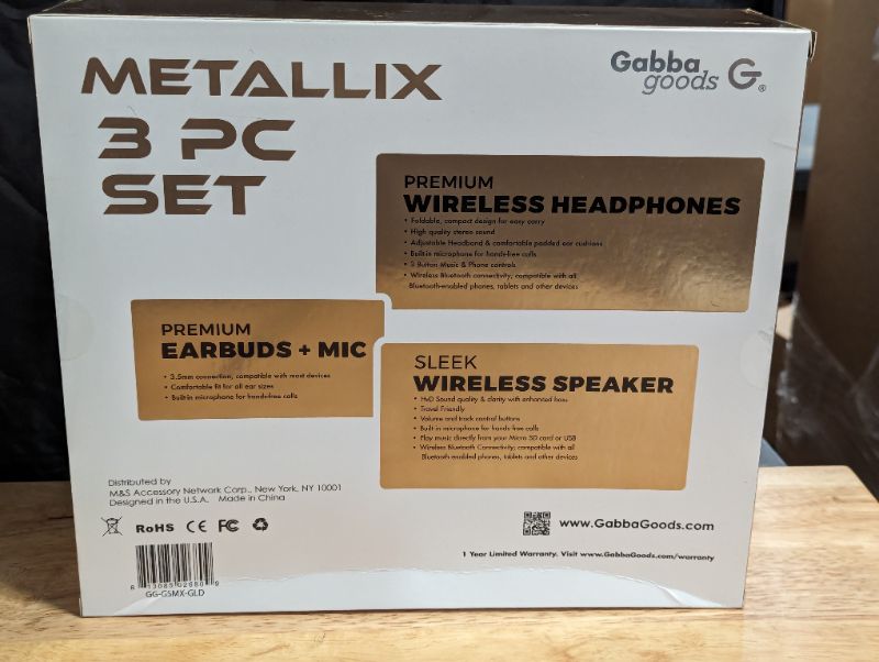 Photo 4 of Gabba Goods - Metallix 3 Piece Gift Set - Bluetooth Headphones, Bluetooth Speaker and Premium Wired Earbuds - GOLD