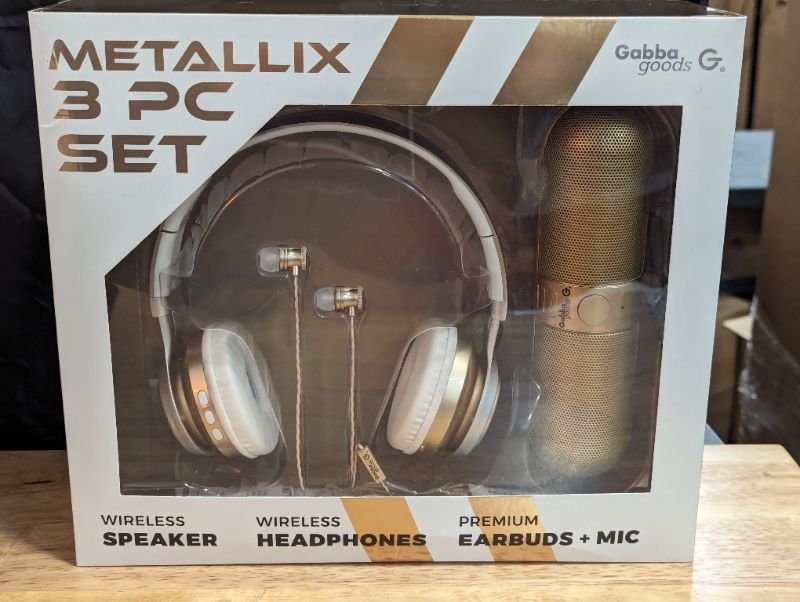 Photo 3 of Gabba Goods - Metallix 3 Piece Gift Set - Bluetooth Headphones, Bluetooth Speaker and Premium Wired Earbuds - GOLD