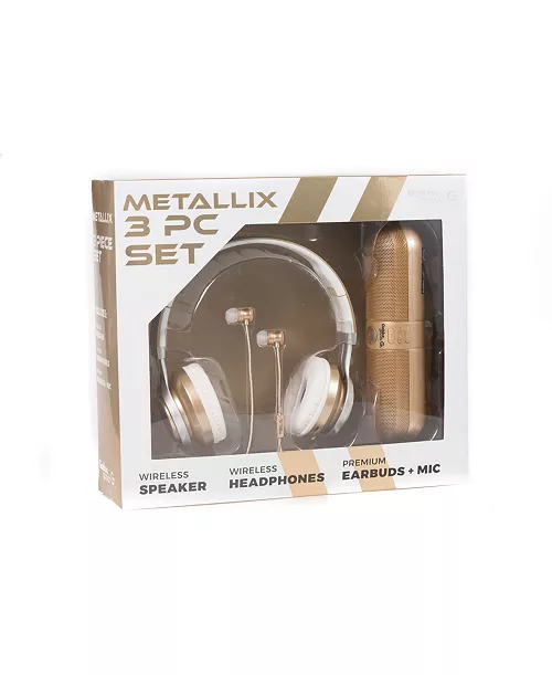Photo 1 of Gabba Goods - Metallix 3 Piece Gift Set - Bluetooth Headphones, Bluetooth Speaker and Premium Wired Earbuds - GOLD