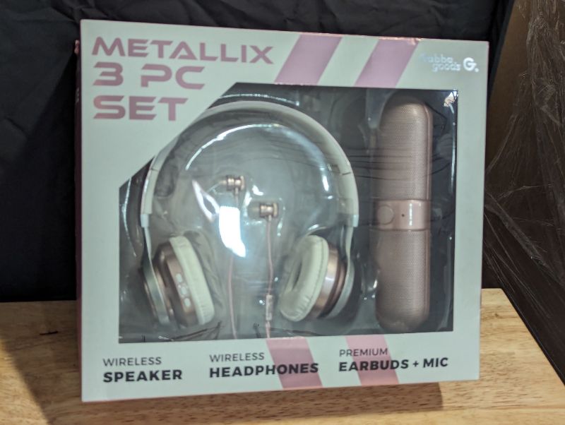 Photo 3 of Gabba Goods - Metallix 3 Piece Gift Set - Bluetooth Headphones, Bluetooth Speaker and Premium Wired Earbuds - Rose Gold