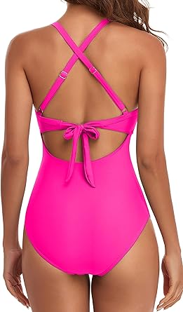 Photo 2 of Eomenie Women's One Piece Swimsuits Tummy Control Cutout High Waisted Bathing Suit Wrap Tie Back 1 Piece Swimsuit - Hot Pink - Size Small - NWT
