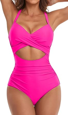 Photo 1 of Eomenie Women's One Piece Swimsuits Tummy Control Cutout High Waisted Bathing Suit Wrap Tie Back 1 Piece Swimsuit - Hot Pink - Size Small - NWT
