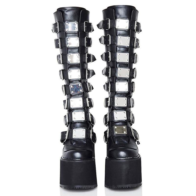 Photo 1 of CELNEPHO Womens Chunky Platform Knee High Boots High Heel Round-Toe Zip Punk Goth Mid Calf Combat Boots For Women… 8 Black