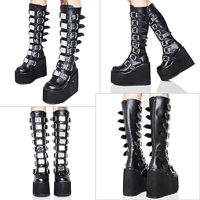 Photo 2 of CELNEPHO Womens Chunky Platform Knee High Boots High Heel Round-Toe Zip Punk Goth Mid Calf Combat Boots For Women… 8 Black
