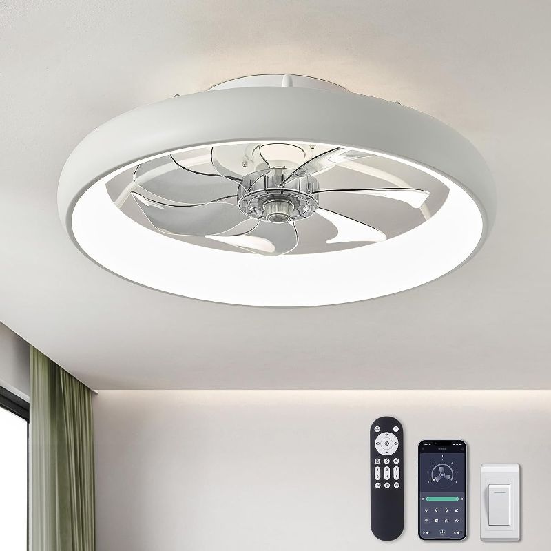 Photo 1 of LUDOMIDE Ceiling Fans with Lights and Remote, 20'' Low Profile Flush Mount Ceiling Fan with Lights, 6 Wind Speeds, Modern Dimmable LED Ceiling Fan, Smart Ceiling Fan for Bedroom, Kids Room (White)