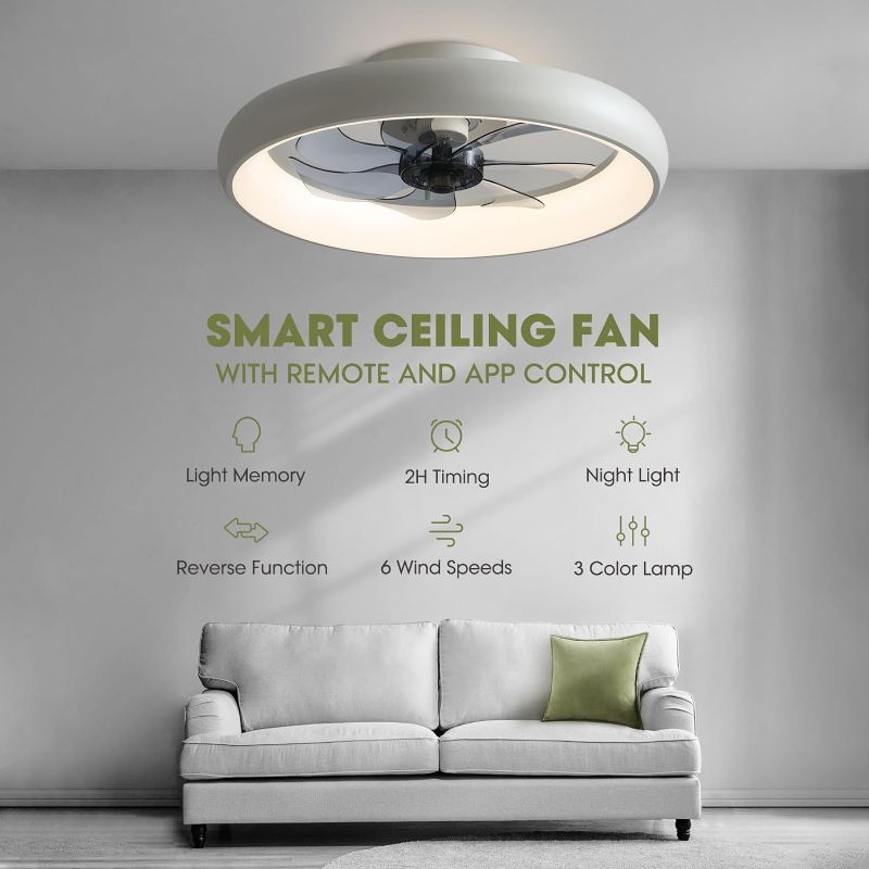 Photo 2 of LUDOMIDE Ceiling Fans with Lights and Remote, 20'' Low Profile Flush Mount Ceiling Fan with Lights, 6 Wind Speeds, Modern Dimmable LED Ceiling Fan, Smart Ceiling Fan for Bedroom, Kids Room (White)