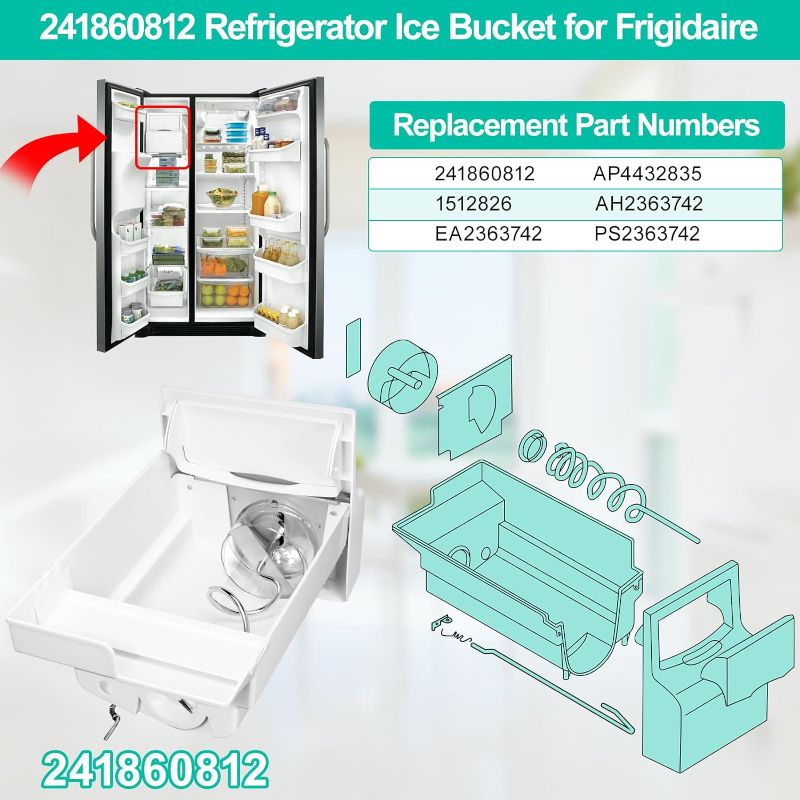 Photo 2 of Upgraded 241860812 Refrigerator Ice Container Bucket Assembly Compatible with Frigidaire Ice Maker Replacement Ice Bin Parts AP4432835 DGUS2635LE0 FGHS2332LE0 FGHS2342LF0 LGHS2644KM0 Ice Maker