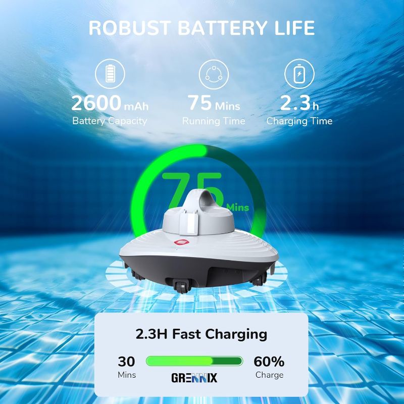 Photo 2 of Grennix Cordless Pool Vacuum for Above Ground Pool & Inground Swimming Pool - Automatic Water Cleaner with Top Handle, Auto-Docking Robotic Underwater Cleaner with Filter
