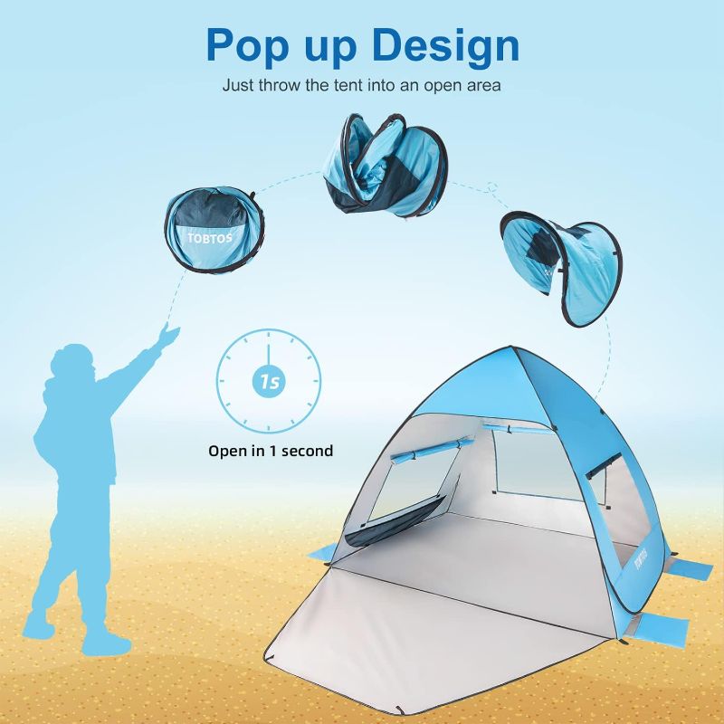 Photo 3 of TOBTOS UPF 50+ Pop Up Beach Tent, Beach Umbrella, Automatic Sun Shelter 3-4 People UV Protection Portable Sunshade, Easy Set Up Baby Canopy Cabana, Lightweight with Carry Bag