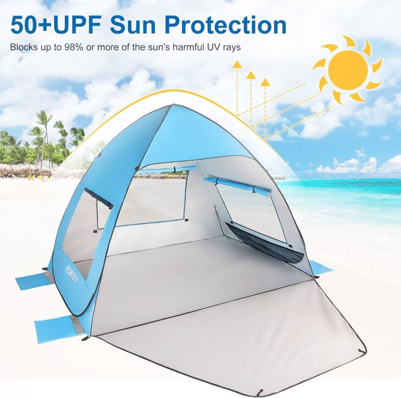 Photo 2 of TOBTOS UPF 50+ Pop Up Beach Tent, Beach Umbrella, Automatic Sun Shelter 3-4 People UV Protection Portable Sunshade, Easy Set Up Baby Canopy Cabana, Lightweight with Carry Bag