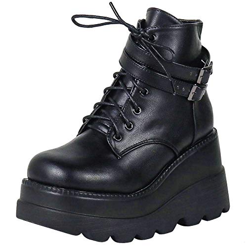 Photo 1 of CELNEPHO Chunky Platform Boots for Women, Square Toe Lace up Zip High Heel Combat Wedge Ankle Boots - Size 8