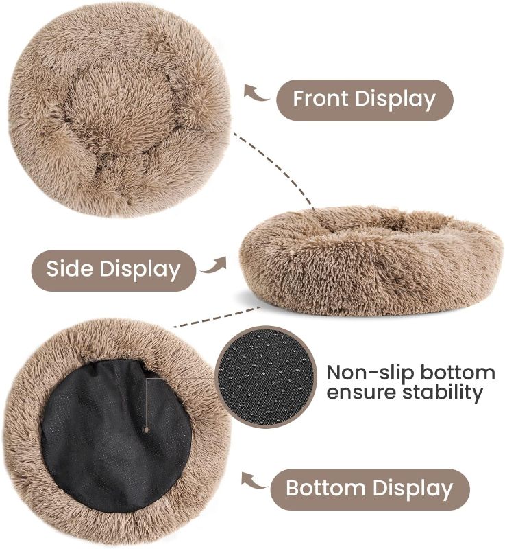 Photo 2 of Lasaas Calming Dog Bed Donut Dog Bed for Small, Medium, Large Dogs Anti-Anxiety Cuddler Dog Bed & Cat Bed Faux Fur Washable Dog Bed Brown S 24''