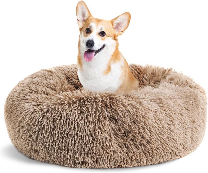 Photo 1 of Lasaas Calming Dog Bed Donut Dog Bed for Small, Medium, Large Dogs Anti-Anxiety Cuddler Dog Bed & Cat Bed Faux Fur Washable Dog Bed Brown S 24''