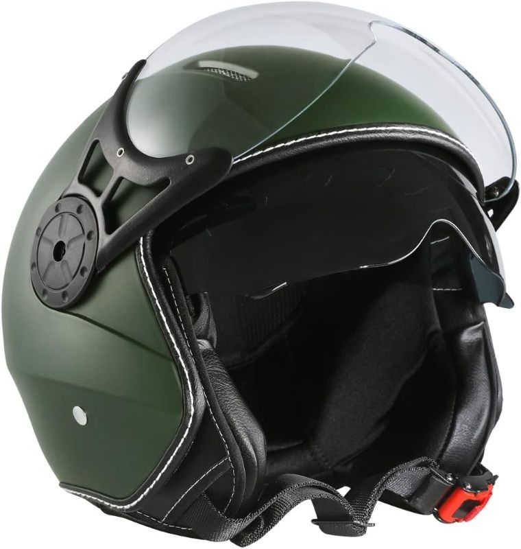 Photo 1 of Harssidanzar Motorcycle Helmet Dual Visor Open Face Motorbike Scooter Moped Helmet Cruiser, DOT Approved, for Men and Women CU602AUS - Army Green - Size Small