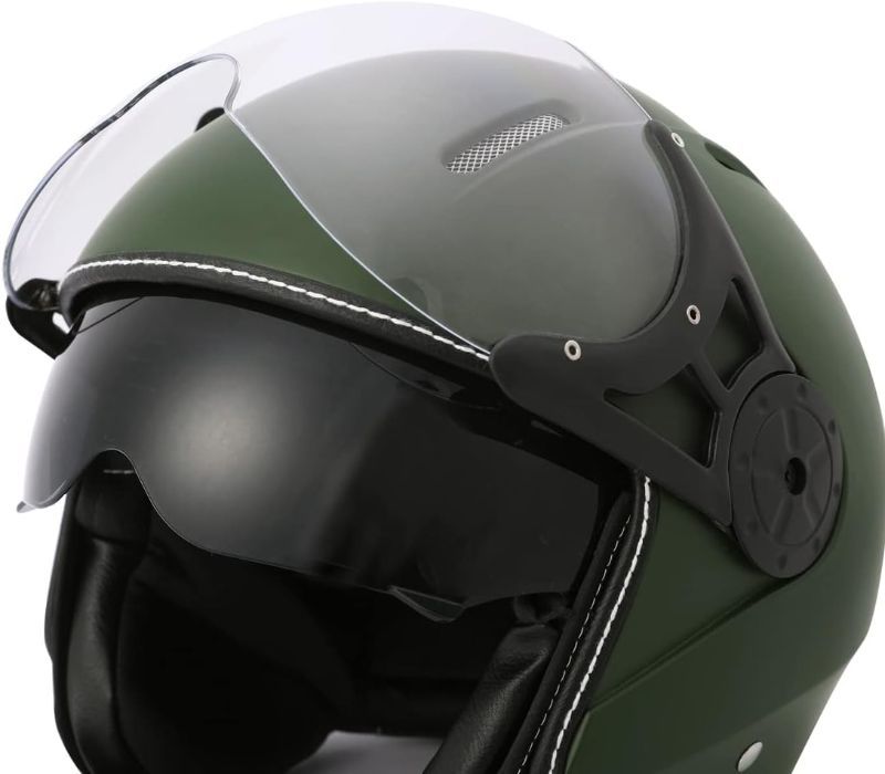 Photo 3 of Harssidanzar Motorcycle Helmet Dual Visor Open Face Motorbike Scooter Moped Helmet Cruiser, DOT Approved, for Men and Women CU602AUS - Army Green - Size Small