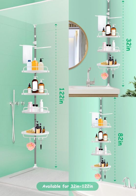 Photo 2 of XLHOMO 32 to 122 Inch Corner Shower Caddy Tension Pole, Rustproof Drill-Free Shower Shelves for Bathroom, Shower Organizer with 4 Tier Adjustable Shelves Towel Bars (White)
