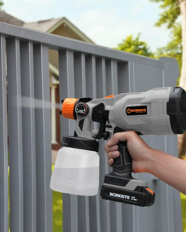 Photo 4 of WORKSITE 20V Cordless Paint Sprayer Gun with 2 Batteries, Power Paint & HVLP Sprayer Gun with 3 Spray Patterns, Adjustable Valve Knob for Painting Ceiling, Fence, Cabinets, Walls