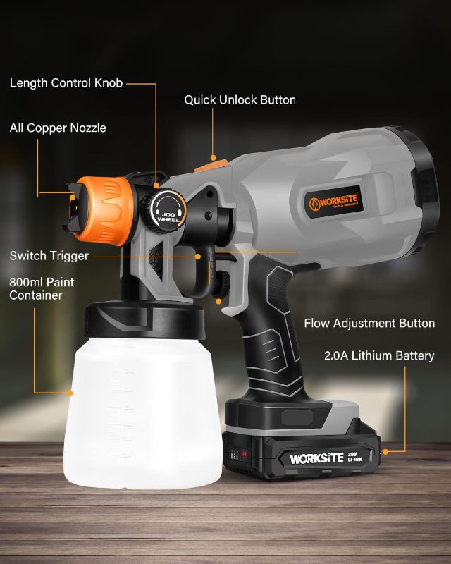 Photo 2 of WORKSITE 20V Cordless Paint Sprayer Gun with 2 Batteries, Power Paint & HVLP Sprayer Gun with 3 Spray Patterns, Adjustable Valve Knob for Painting Ceiling, Fence, Cabinets, Walls