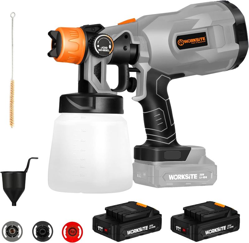 Photo 1 of WORKSITE 20V Cordless Paint Sprayer Gun with 2 Batteries, Power Paint & HVLP Sprayer Gun with 3 Spray Patterns, Adjustable Valve Knob for Painting Ceiling, Fence, Cabinets, Walls