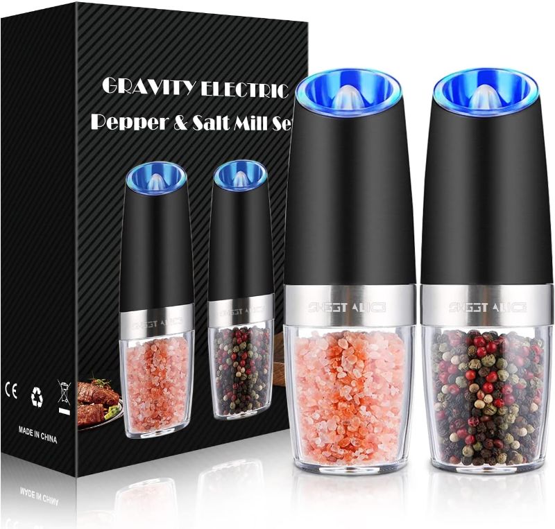 Photo 1 of Gravity Electric Pepper and Salt Grinder Set, Adjustable Coarseness, Battery Powered with LED Light, One Hand Automatic Operation, Stainless Steel Black, 2 Pack