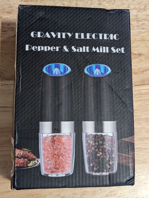 Photo 4 of Gravity Electric Pepper and Salt Grinder Set, Adjustable Coarseness, Battery Powered with LED Light, One Hand Automatic Operation, Stainless Steel Black, 2 Pack