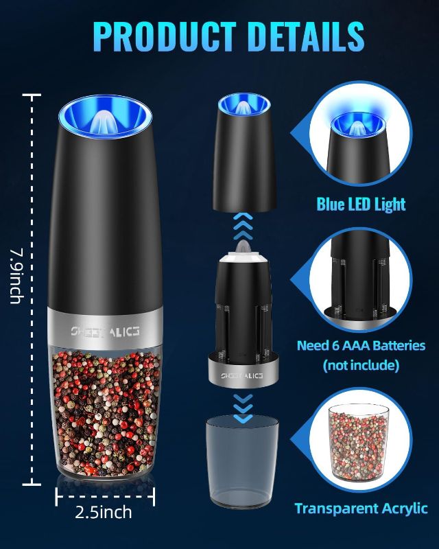 Photo 2 of Gravity Electric Pepper and Salt Grinder Set, Adjustable Coarseness, Battery Powered with LED Light, One Hand Automatic Operation, Stainless Steel Black, 2 Pack