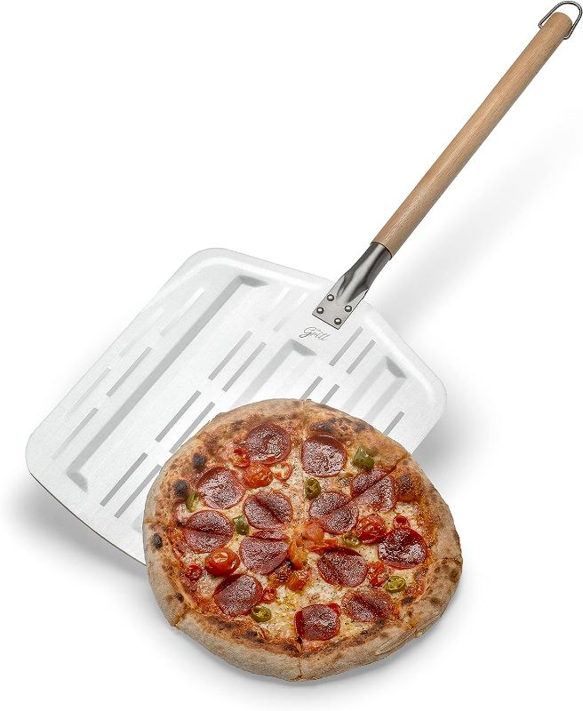 Photo 1 of Hans Grill Pizza Peel PRO | Made for XL Pizza 12 inch + | Professional Restaurant Grade Perforated Metal Non-Stick Paddle for launching, turning and retrieving pizzas