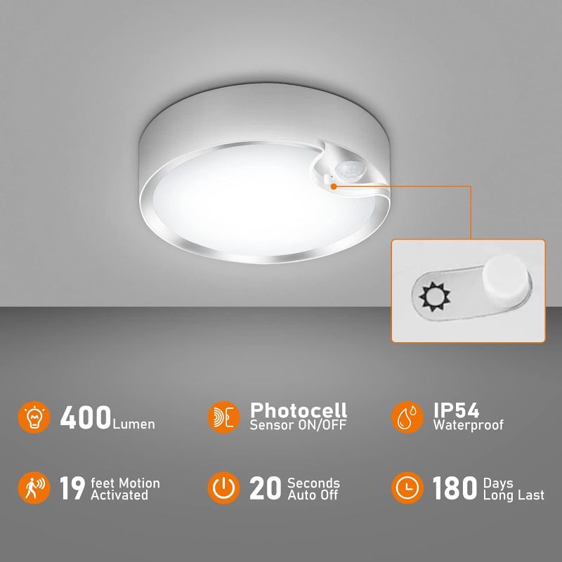 Photo 2 of TOOWELL Motion Sensor Ceiling Light Battery Operated Indoor/Outdoor LED Ceiling Lights for Hallway Laundry Stairs Garage Bathroom 300LM White Photocell Sensor ON/Off Upgrade