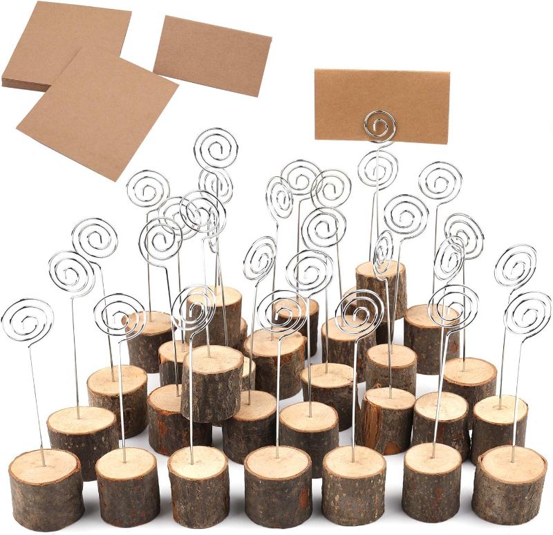 Photo 1 of Tosnail 30 Pack Rustic Wooden Place Card Holders with 30 Kraft Paper Cards Table Number Holders Photo Holder - Swirl Wire