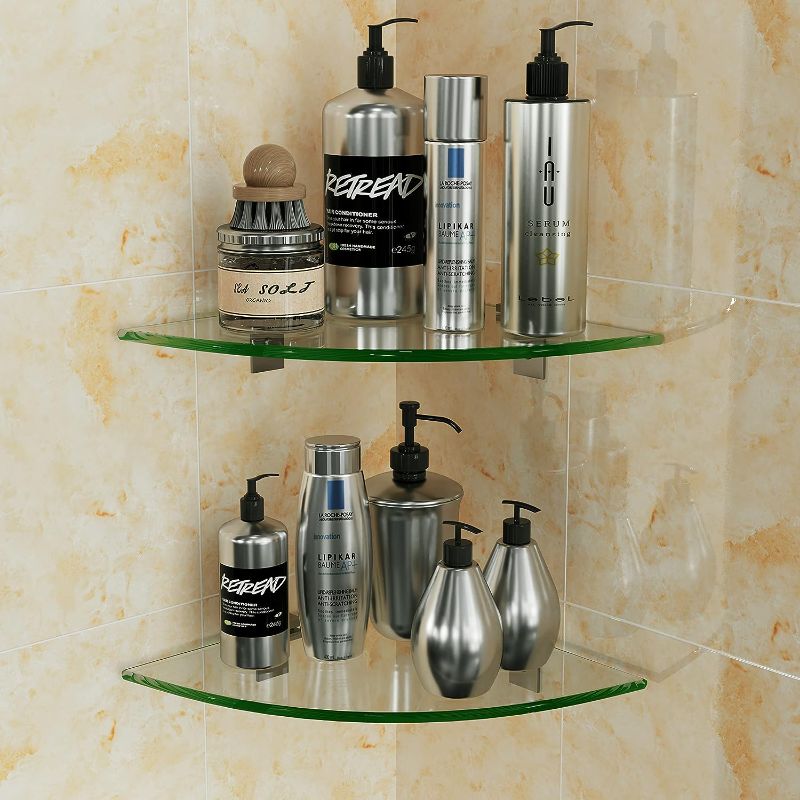 Photo 1 of Bakzon 2-Pack Glass Corner Shower Shelves, Shower Wall Shelves for Inside Shower, Drill Free Shower Caddy Organizer with Aluminum Brackets for Bathroom

