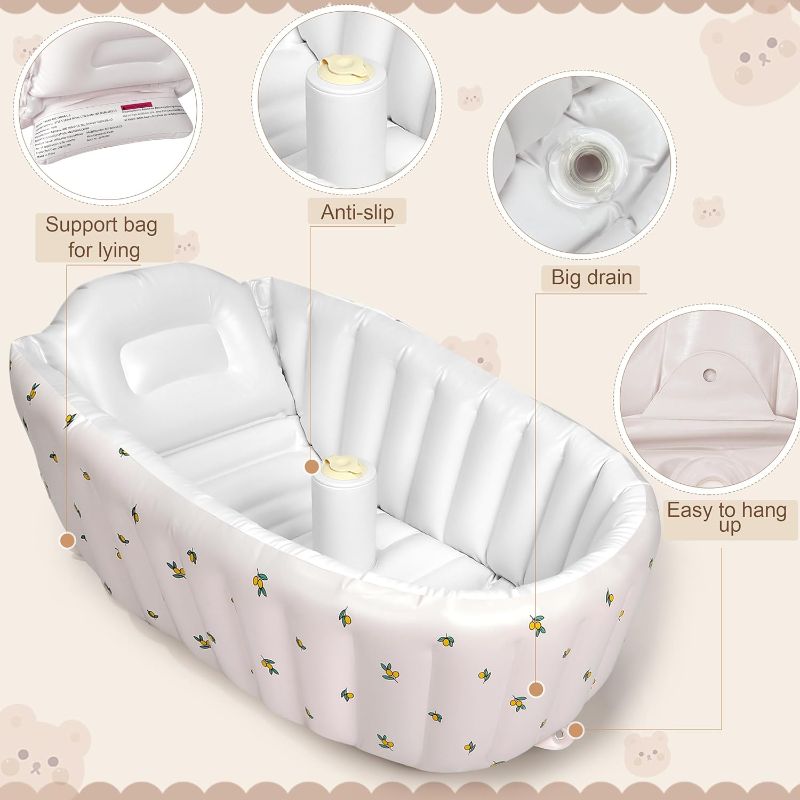 Photo 3 of Mink Inflatable Baby Bathtub with Built-in Air Pump, Newborn to Toddler Bath Tub,Portable Travel Shower Basin with Back Support, Deflates and Folds Easily (Olive Bath)
