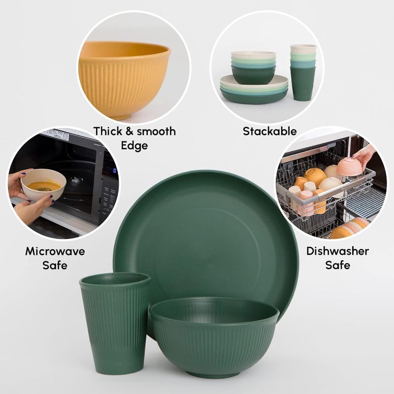 Photo 4 of Wheat Straw Dinnerware Sets - Green/Blue Dinnerware Set w/Wheat Straw Plates, Bowls & Cups- Dishwasher & Microwave-Safe Dishes, 32pcs - Seniors & Kids Plates and Bowls Sets by Slow Hour - STOCK PHOTO, COLORS VARY - SEE PHOTO FOR PRODUCT COLOR

