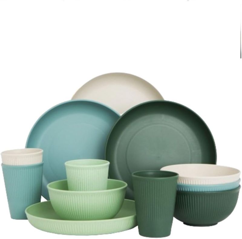 Photo 1 of Wheat Straw Dinnerware Sets - Green/Blue Dinnerware Set w/Wheat Straw Plates, Bowls & Cups- Dishwasher & Microwave-Safe Dishes, 32pcs - Seniors & Kids Plates and Bowls Sets by Slow Hour - STOCK PHOTO, COLORS VARY - SEE PHOTO FOR PRODUCT COLOR
