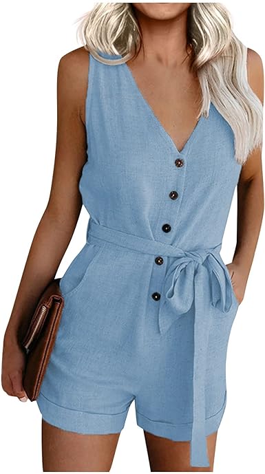 Photo 1 of Women's Rompers Dressy Casual V Neck Bow Pocket Sleeveless Shorts Wide Jumpsuits Rompers Shorts,