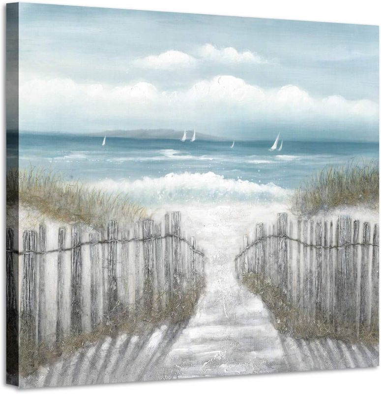 Photo 1 of Canvas Wall Art Beach Pathway: Sandy Path with Fence Painting to The Coastal Prints Artwork Picture for Bathroom (16'' x 12'', Multi-Sized)