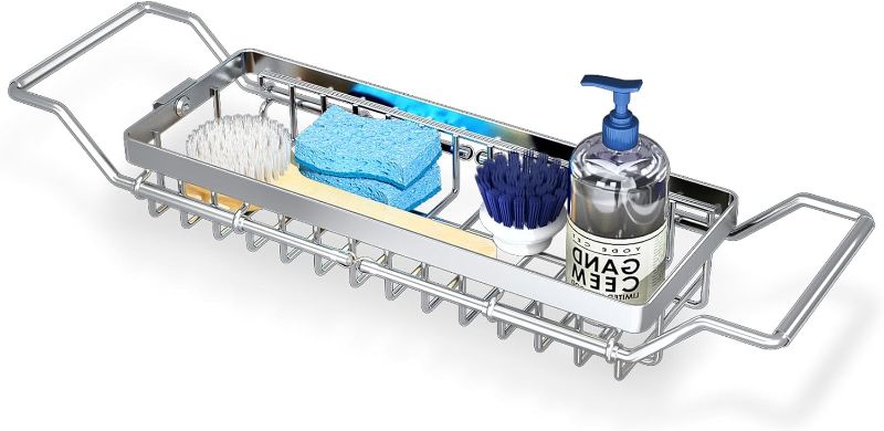 Photo 1 of Sponge Holder Sink Caddy Telescopic Kitchen Sink Organizer, Expandable 16.7" to 21" Over the Kitchen Sink Accessories with Dishcloth Towel Holder for Rag Brush Soap Dishwashing Liquid, Stainless Steel