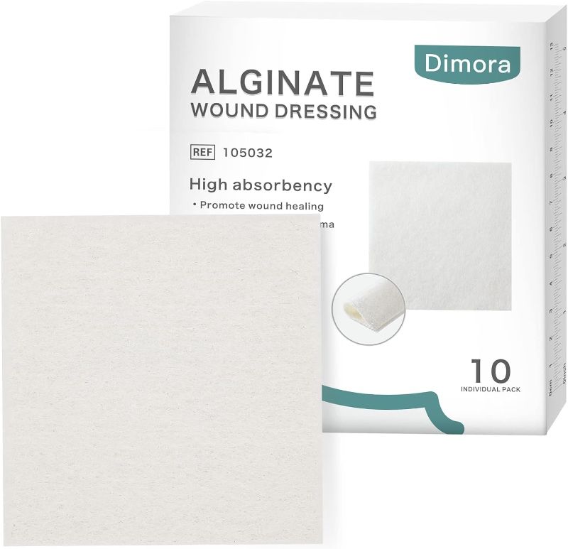 Photo 1 of Dimora Calcium Alginate Wound Dressing, 4'' x 4'' Patches,10 Individual Sterile Pads, Soft and Highly Absorbent Dressing Gauze, Non-Stick Padding