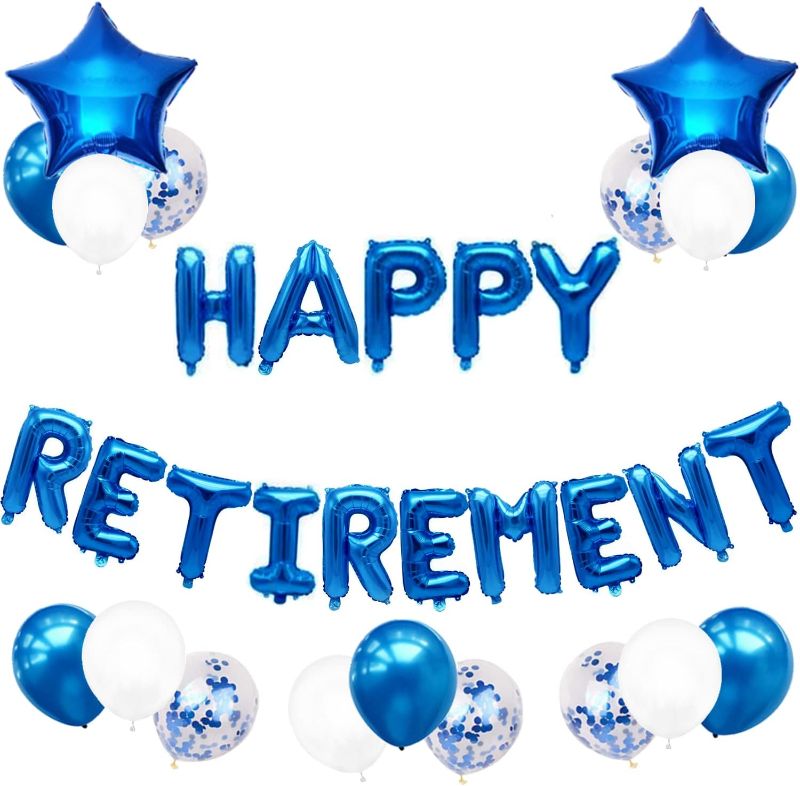 Photo 1 of Happy Retirement Balloons Banner, Blue Retirement Party Decoration We Will Miss You Retired Balloons Ideal for Women Man Retirement Party Supplies